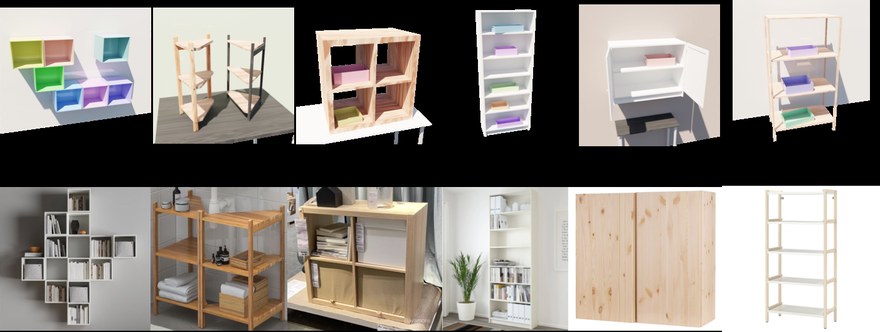 Procedural scenes built from Infinigen assets (top), with IKEA furniture counterparts that can be reproduced in the real world (bottom).